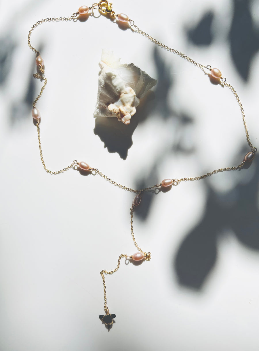 Blush Pearl Shark Fossil Lariat Necklace